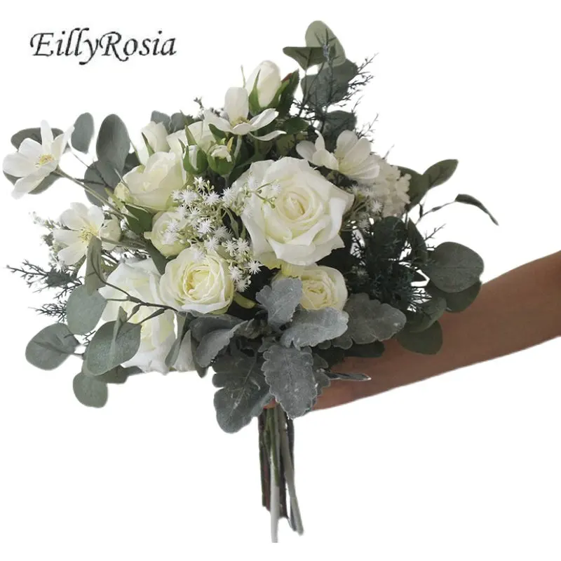 EillyRosia-ramo de Novia verde y blanco, para Novia, dama de honor Artificial, con flores de Boda, Ramos de Novia