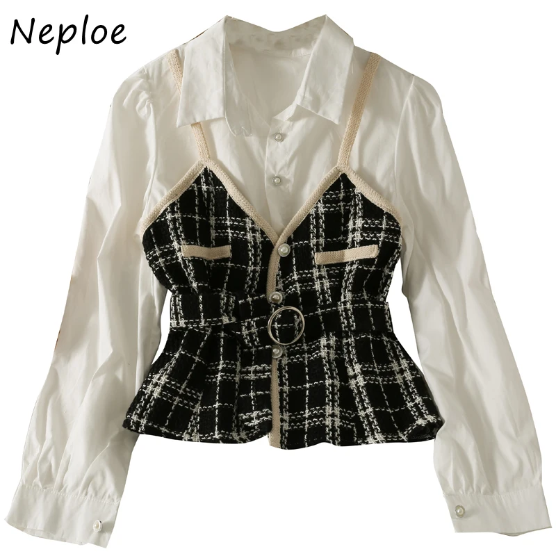 Neploe Contrast Color Patchwork Tweed Fake Two-piece Shirts Women Autumn New Belt Slim Waist Blouses Female Long-sleeve Shirt