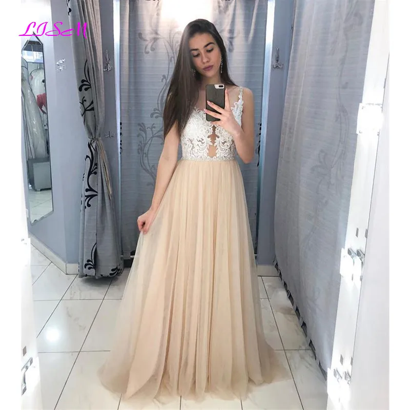 Illusion Tulle A-Line Prom Dress Lace Appliques Beaded vestido de festa Formal Evening Dresses Long Crystals Party Gowns