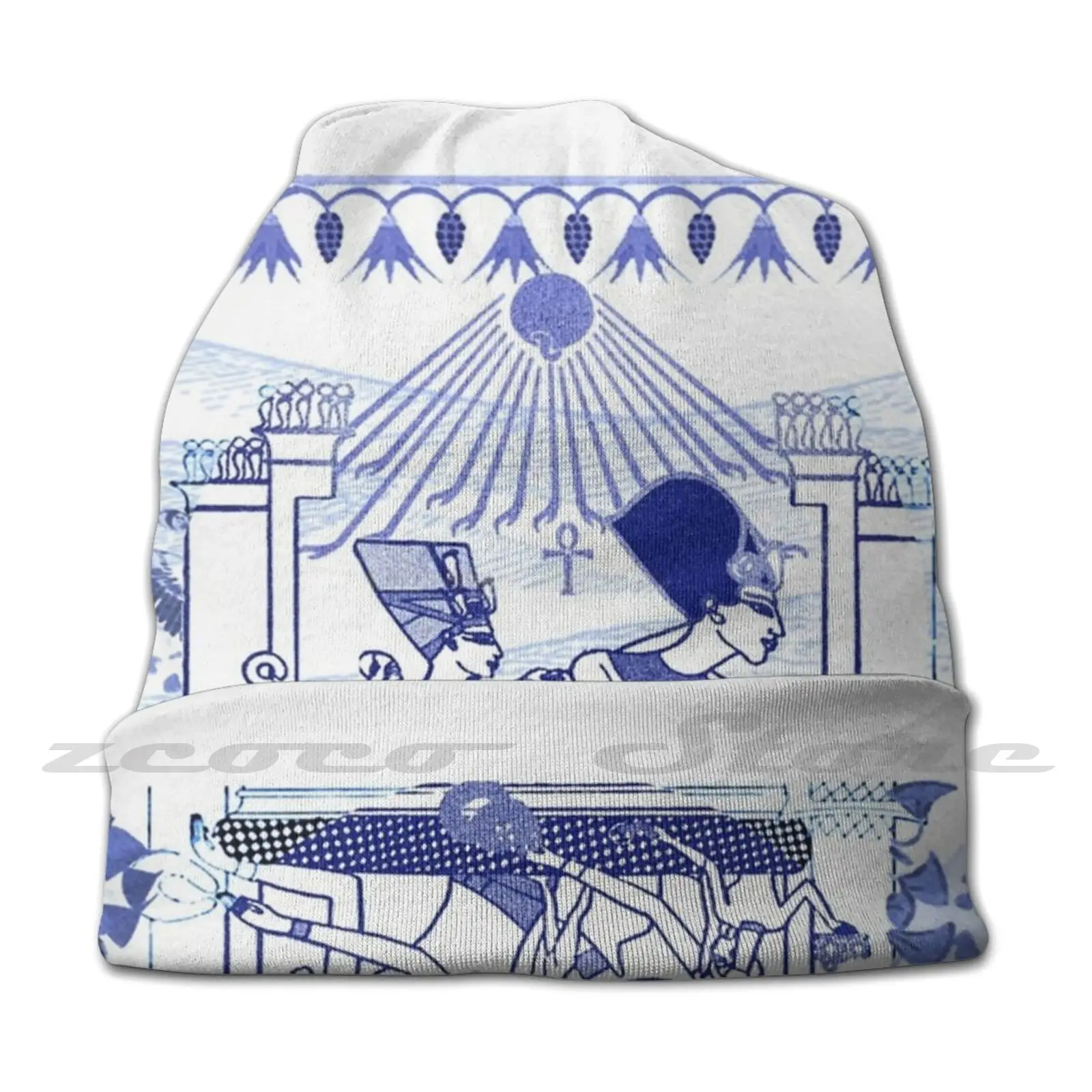 Egyptian Blue And White Nefertiti & Akhenaten ( Spode Inspired ) Diy Pullover Cap Knit Hat Plus Size Keep Warm Elastic Soft