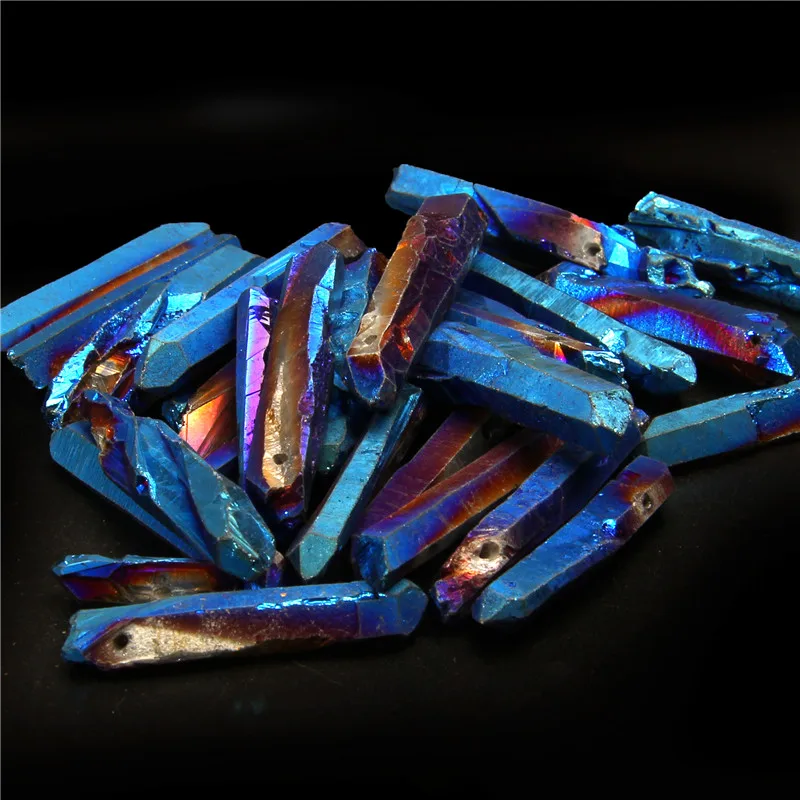Top Drilled Blue Titanium AB Color Quartz Crystal Stick Beads Raw Crystals Loose Beads Spike Point Necklace Beads Jewelry Making