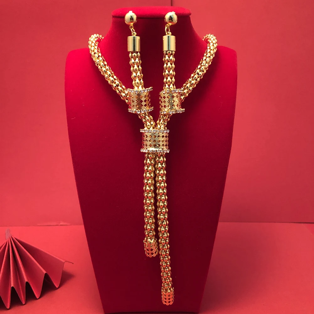 24K Dubai Gold Color Jewelry Sets For Women African India Party Wedding Necklace Pendant Earrings Jewellery Set Engagement Gifts