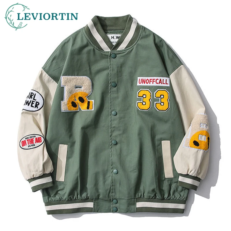 Hip Hop Men's Baseball Jacket Harajuku Cotton Streetwear Embroidery Letter Funny Smiley Patchwork College Jacket Coat Couple