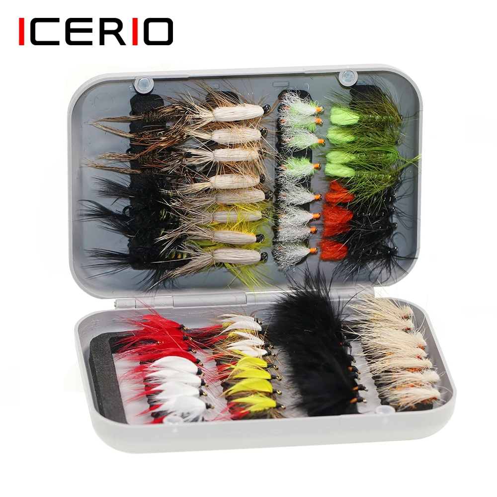 ICERIO 64PCS Dry Wet Flies Nymph Fishing Bait Case Trout Fishing Fly Lures Carp Artificial Baits