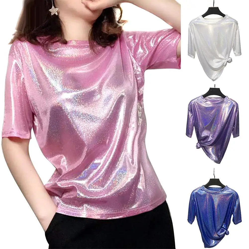 New summer retro style stylish bright silk woman tops shiny loose short sleeve t-shirt sexy club aesthetic harajuku women tshirt