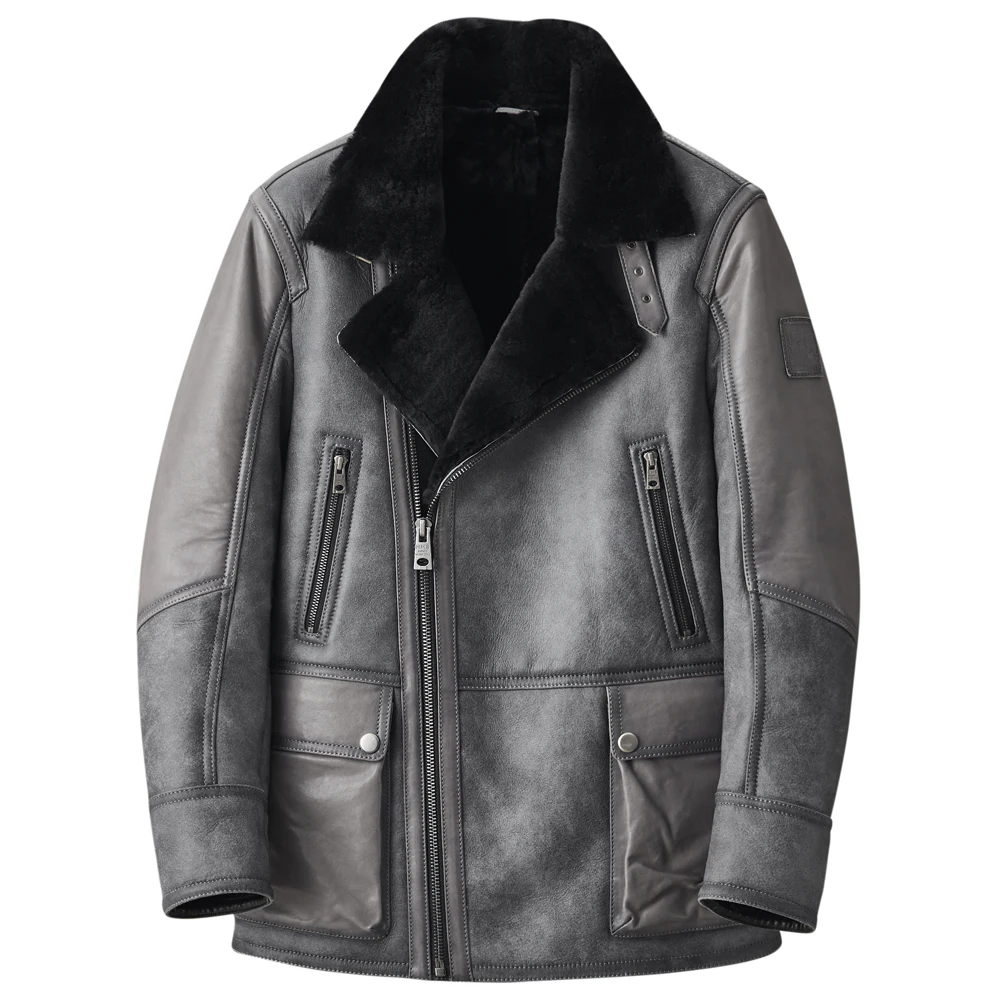 Blouson aviateur homme Denny & Dora v1.Shearling, manteau en cuir véritable, gris métallisé, document