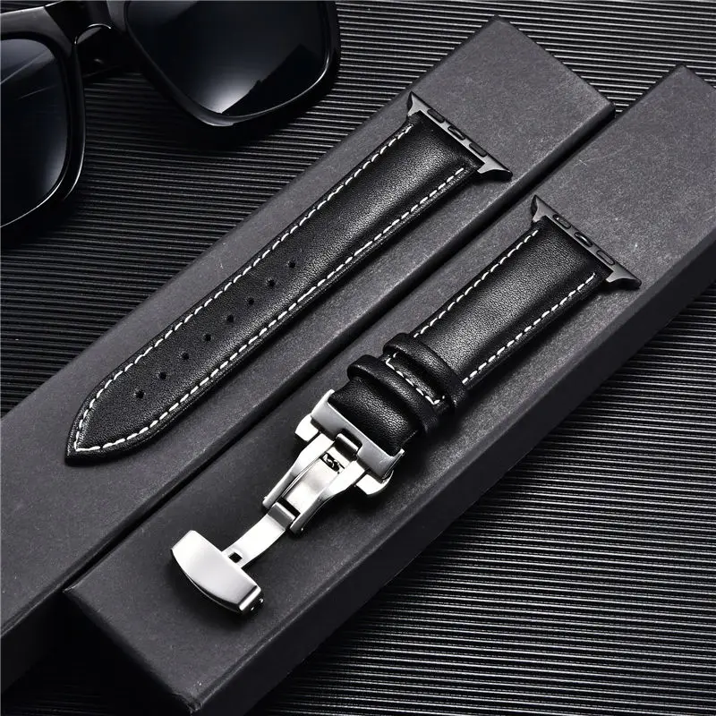 Leder-Uhrenarmbänder für Apple Watch 8, 7, 6, 5, 4, 3, SE, Schmetterlingsverschluss, Ersatz-Armband, 38/40/41 mm, 42/44/45 mm, Band für iwatch – Detail 8