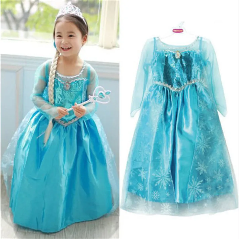 Kids Baby Girl Blue Fancy Dress Frozen Anna Elsa Cosplay Costume Dresses Princess Queen Party Gown Tulle Dresses 4-8 Years