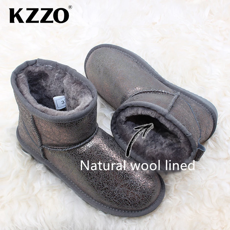 KZZO Australia Classic Waterproof Genuine Leather Ankle Snow Boots For Women 100% Natural Wool Lined Winter Warm Shoes Non-slip