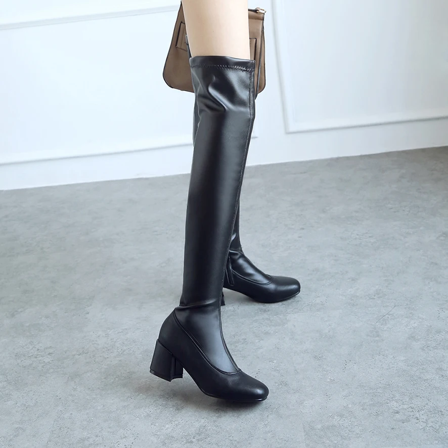 Fashion Over Knee High Boots Women\'s Winter Thigh Boots Thick High Heel Stretc Long Boots Slip On Autumn Shoes Woman Black White