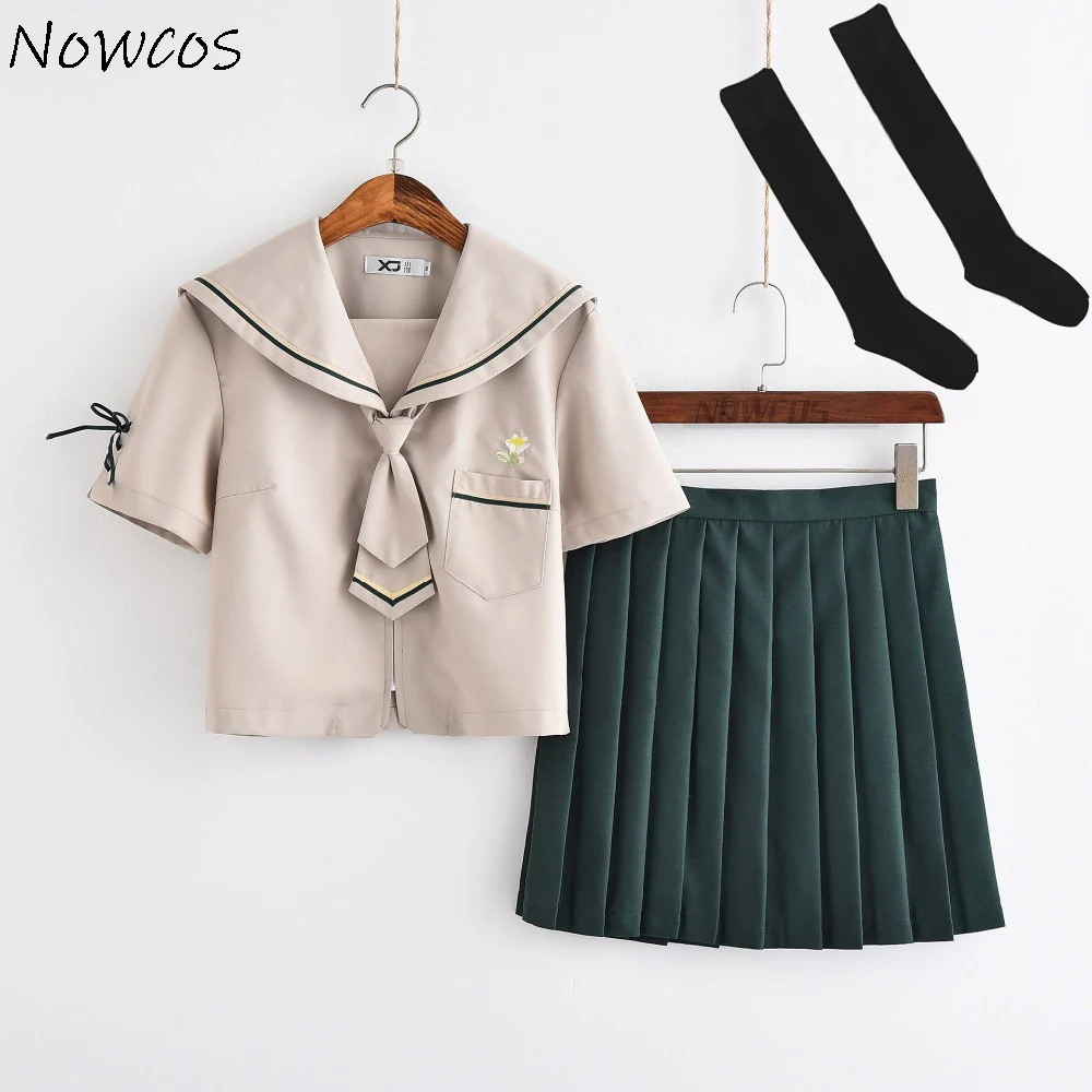 Summer Short Sleeved Japanese School Uniform Girls Students JK Sets Tie Khaki Shirt + Green Pleated Skirt Campus Clothing Daily