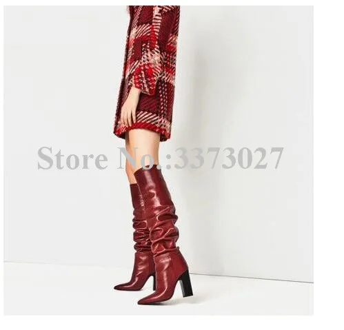 Lady Chunky Heel Pleated Long Boots Sexy Pointed Toe Over the Knee Boots Women Fashion Winter Boots Dropship Banquet Shoes