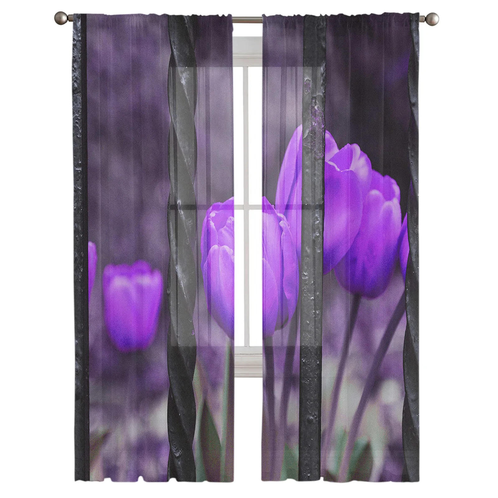 Purple Tulip Flowers In Iron Railing Tulle Sheer Window Curtains for Living Room Kitchen Children Bedroom Voile Hanging Curtain