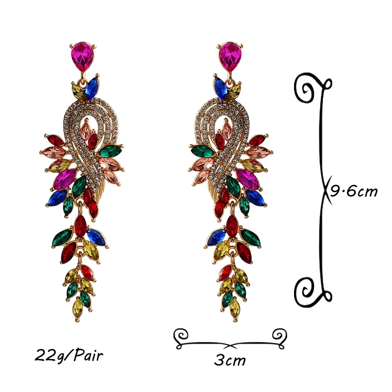 Vintage Crystal Long Drop Earrings Fashion Multicolored Hanging Bride Rhinestone Earring For Women Party Wedding Jewelry