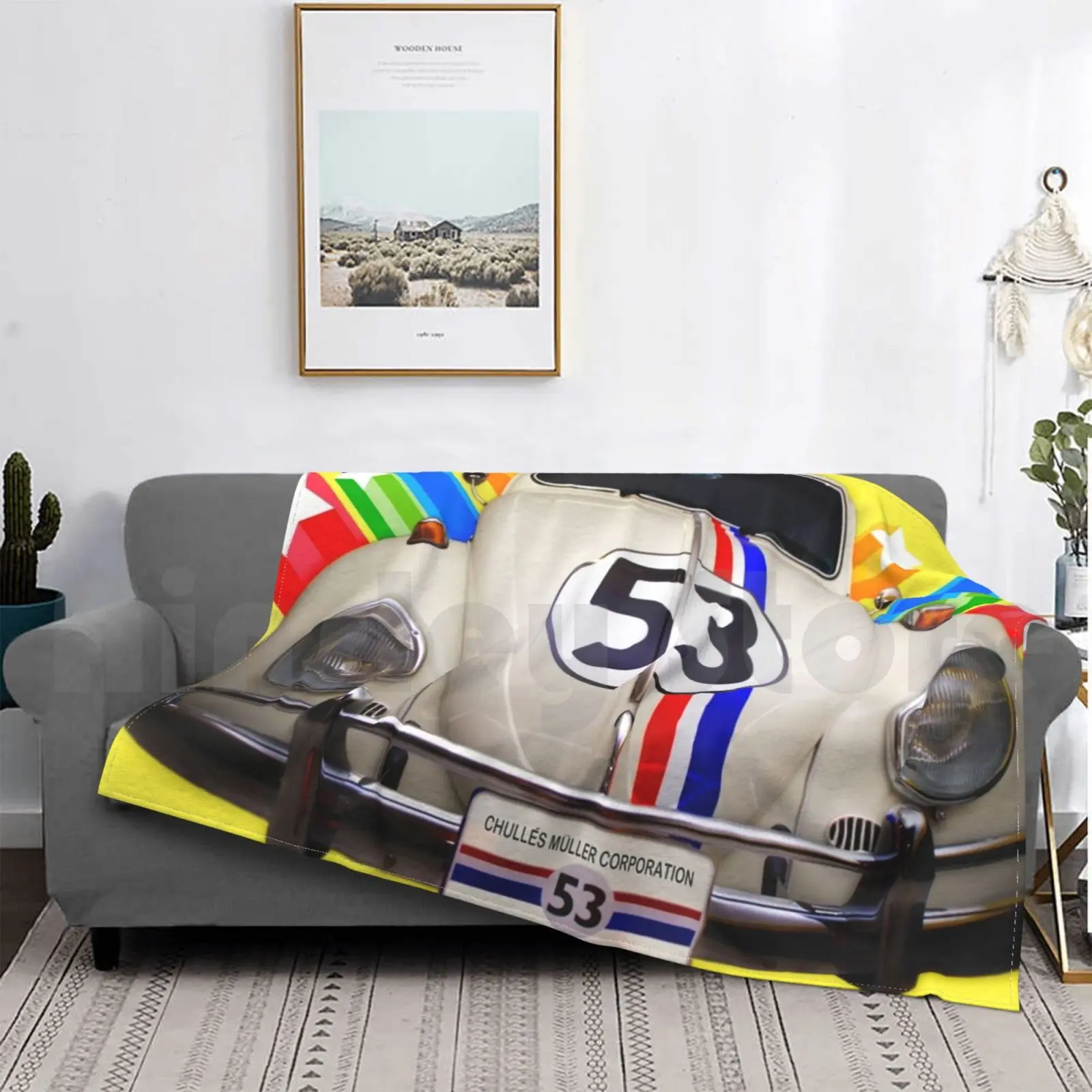 Koc Herbie na sofę i łóżko podróżny Herbie Bug Car 53, stary samochód The Love Bug