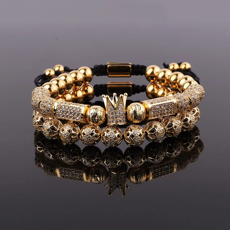 Luxury Men Jewelry Gold Plated CZ Pave Crown Charm Stainless Steel Beaded Bracelet Set Male