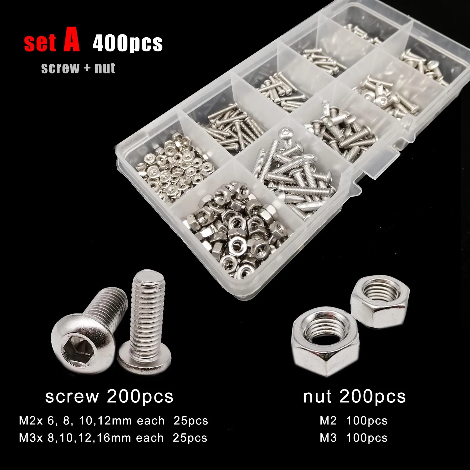Assortment Kit M1.6 M2 M2.5 M3 M4 M5 304 A2 Stainless Steel Allen Hexagon Hex Socket Button Round Head Screw Bolt Nut Washer Set