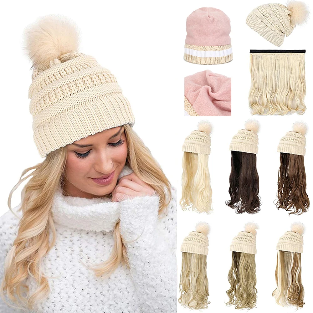 SHANGZI Hat Wig Synthetic Long Wavy Wigs white Plus velvet Beret Hat Knitted Fashion black Autumn Winter Cap Hair Wig Extensions