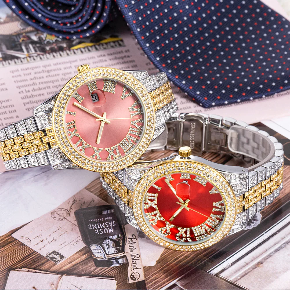 Esfera Rosa romana de lujo para hombres y mujeres, joyería de diamante completo, correa de acero inoxidable con calendario impermeable, reloj femenino