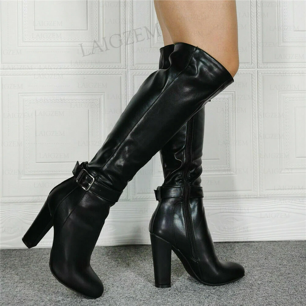 SEIIHEM Women Knee High Boots Faux Leather Round Toe Zip Up Thick High Heels Boots Black Female Shoes Woman Big Size 38 43 46 52