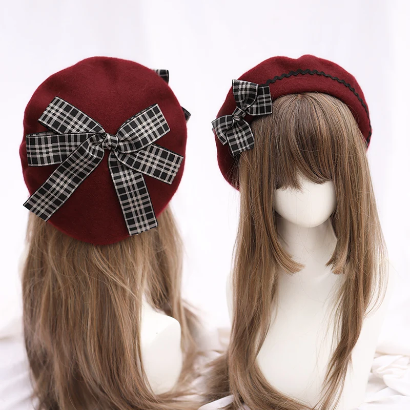 Lolita hand made manually bowknot beret Japanese lady multicolor joker wavy grain buds cap baked wheat cake cap