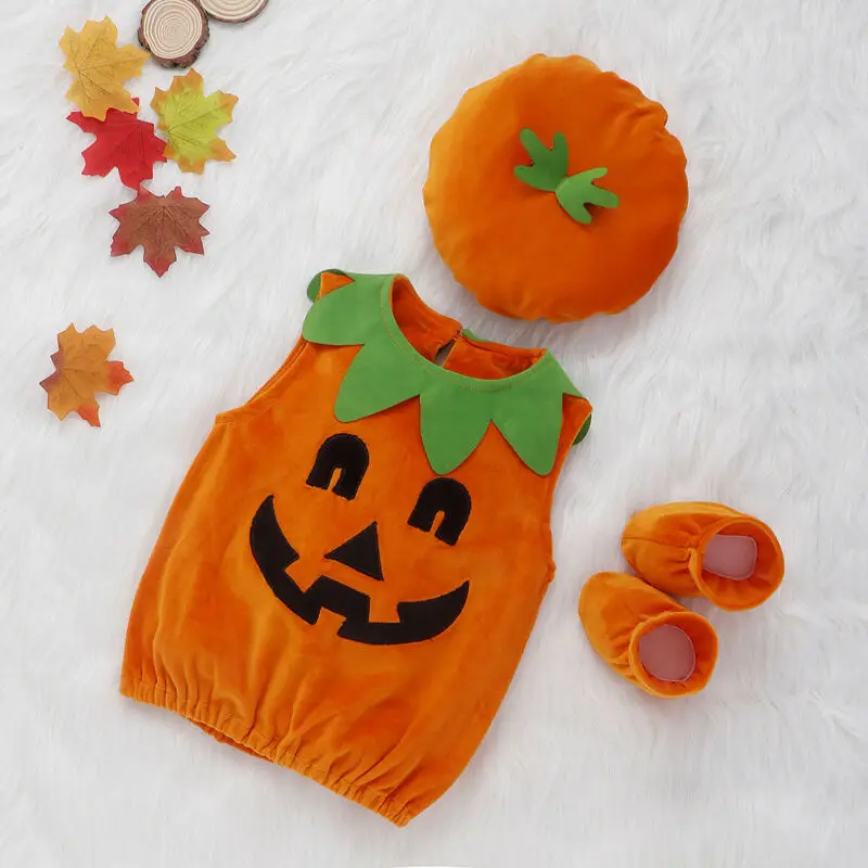 PUDCOCO Cosplay Halloween Baby Kids Pumpkin Suit Top Blouse Dress Romper Jumpsuit+Hat+Shoes  Party Fancy Costumes 3PCS 0-3T