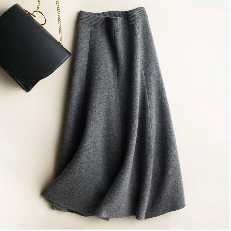 2024 New Soft Elasticity Long Skirt Polyester Knit A Word Skirt Female Section High Waist solid Color Loose Umbrella Skirt