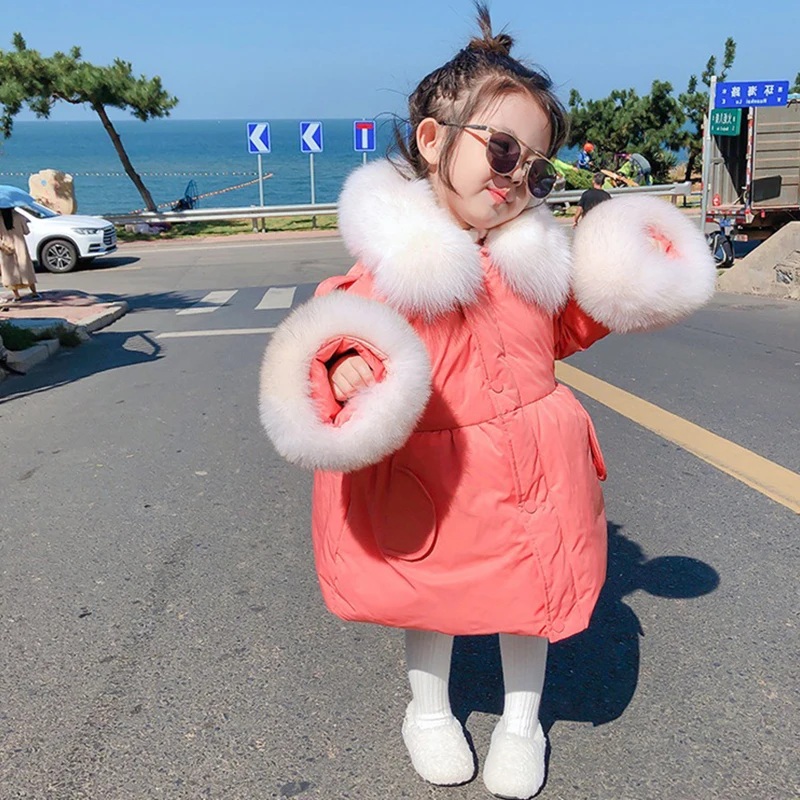 2021 New Girls Winter Coat Faux Fur Collar 2-6 Years Old Kids Snowsuit Thick Warm Fashion Outwear Jackets