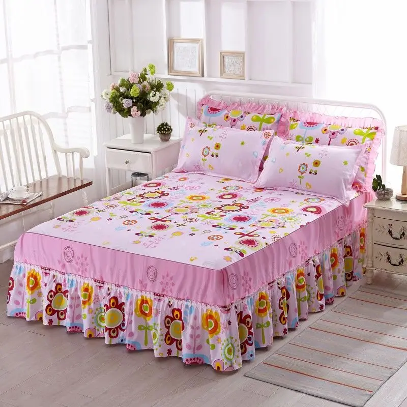 Cama antipolvo para las cuatro estaciones con Funda de colchón con falda de cama con estampado floral, tamaño grande/King-size 200x220cm, sin funda de almohada.