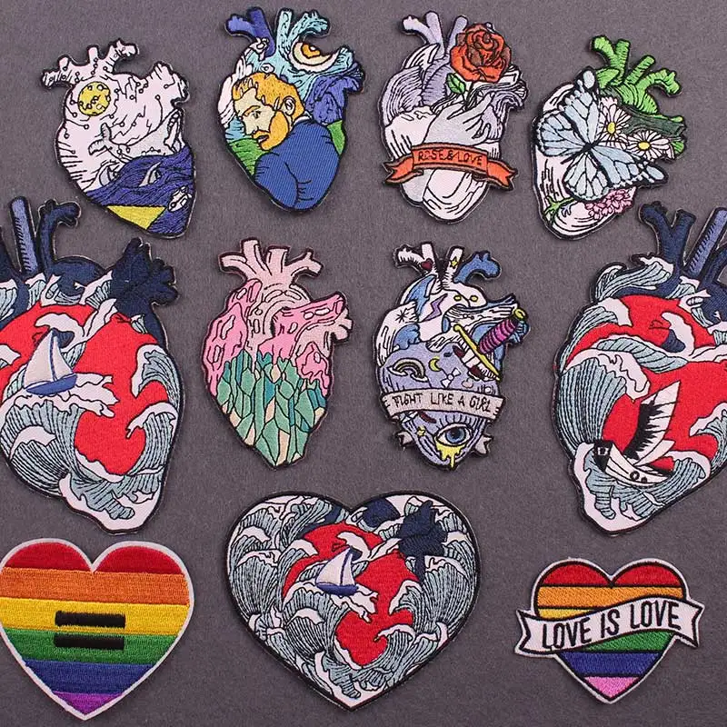 Colorful Heart Iron on Patches for Clothing Embroidered Patch Human Organs Badges Stripes Stickers on Clothes Applique Accessory