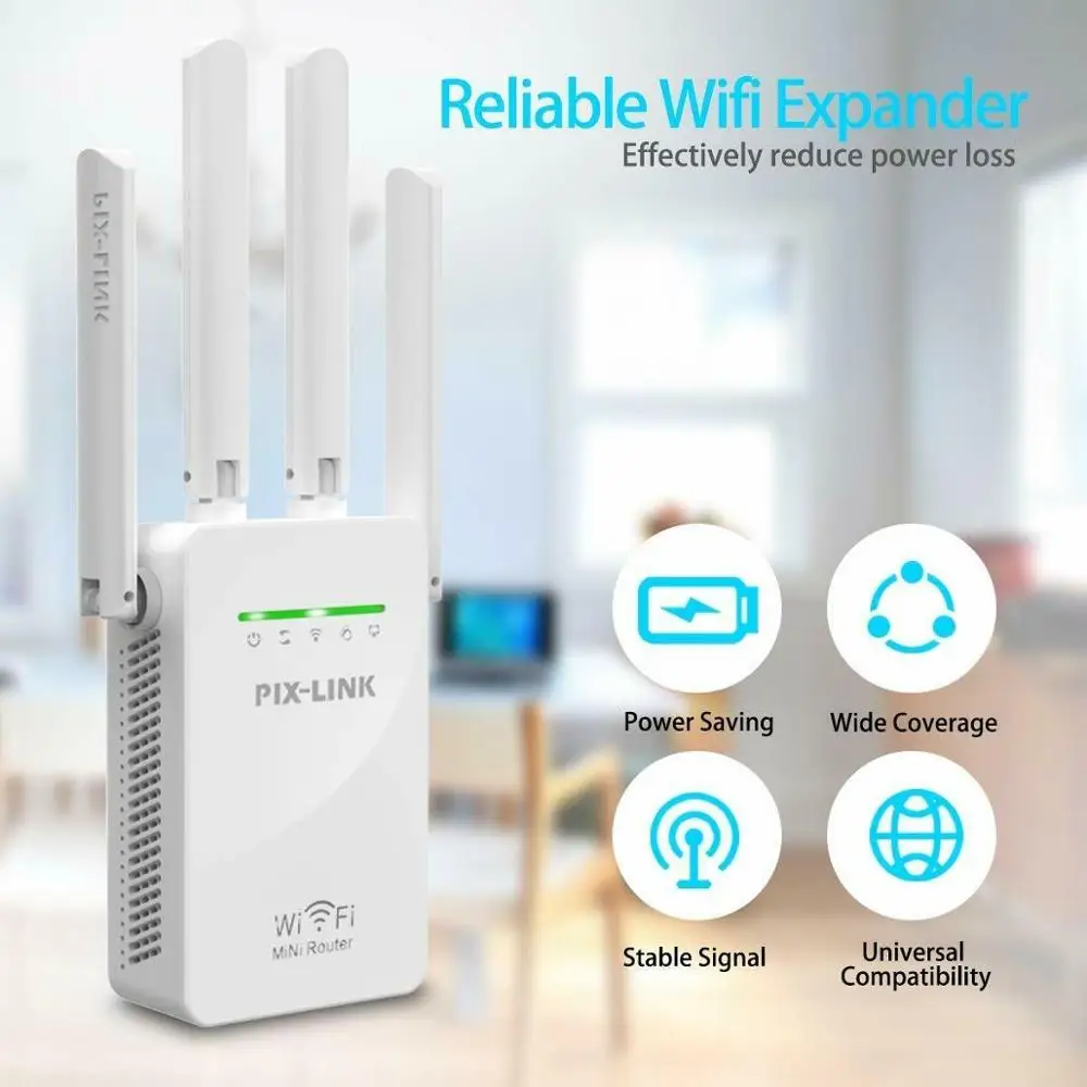 PIXLINK 300Mbps Wireless Routers WiFi Signal Repeater Extender/AP/Router Mode Mini Home Long Rang 4 External Antennas Easy Setup