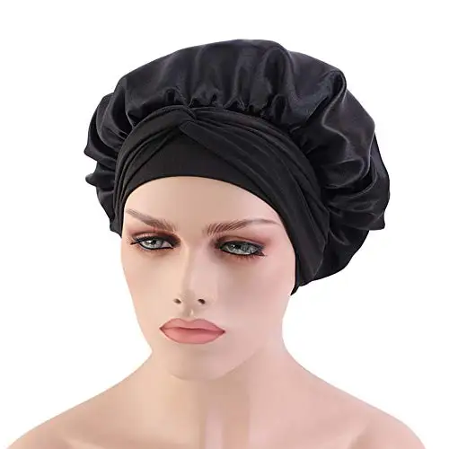 Cappellino in raso a fascia larga da 2 pezzi, cuffie per donna, cofano setoso per capelli ricci, fascia per capelli da donna per dormire (nero)