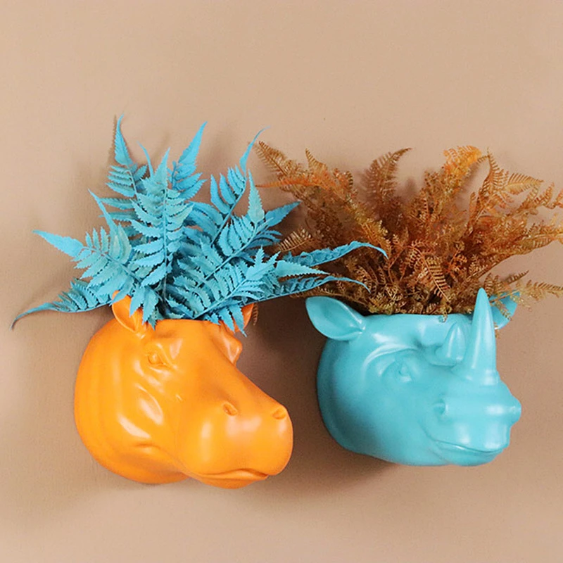 Home Creative Flowerpot Animal Shape Wall Hanging Potted Hippopotamus Rhinoceros Home Wall Decoration Potted Hanging Ornaments