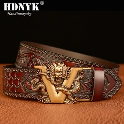 2023 New Arrivel Embossing Retro Technology Belts for Men Genuine Cowhide Leather Belt with V Dragon Pattern Automatic Buckle