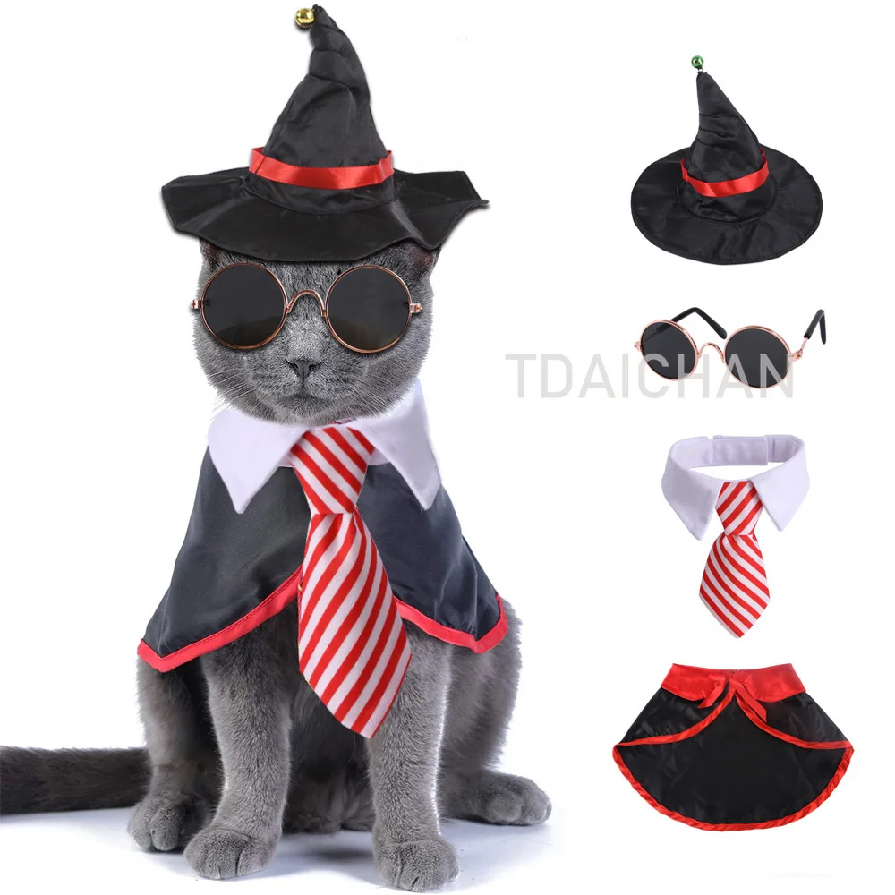 New Halloween Pet Cat Dog Cosplay Costume Bow Tie Cloak Hat Glasses Set 4pcs Decoration Pet Photography Props Cute Funny Clothes