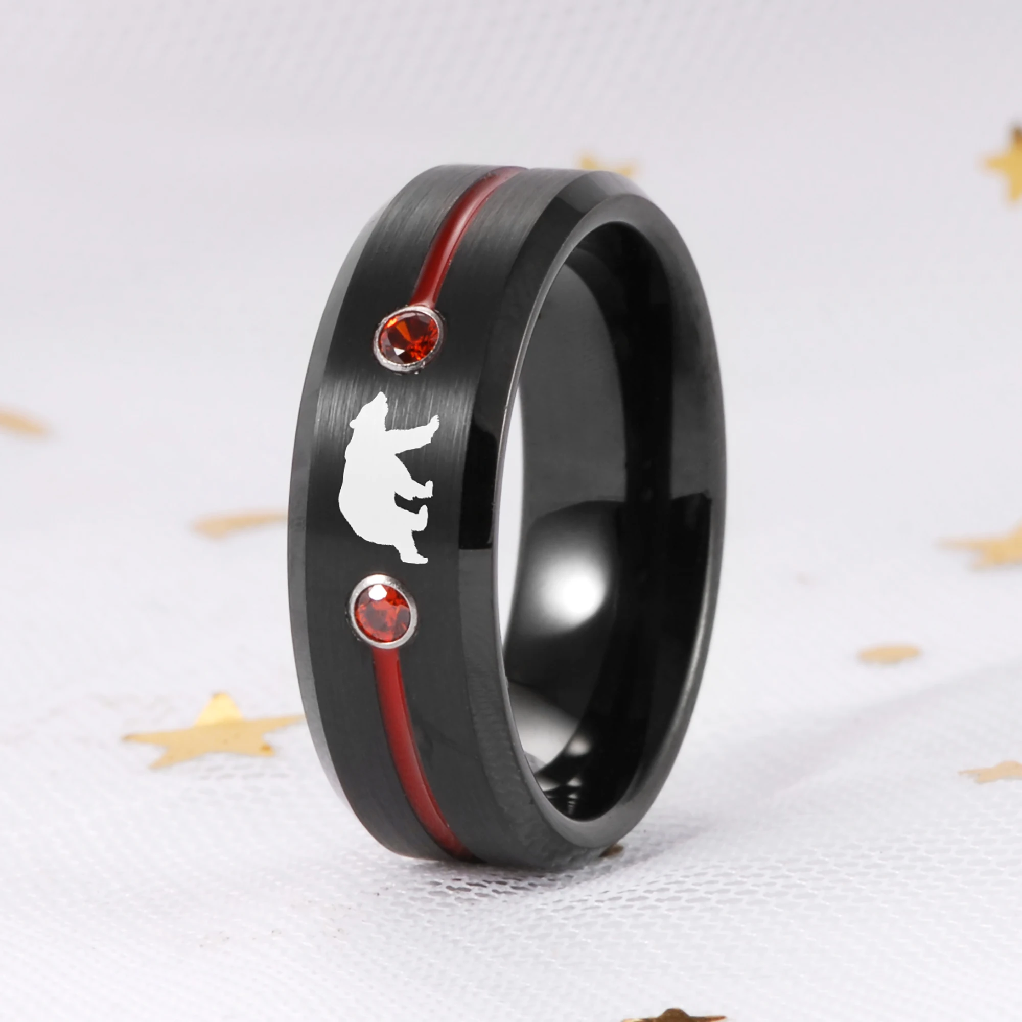 

8mm Bear Laser Engraving Ring Black Tungsten Wedding Band with Red CZ & Red Groove Men’s Brushed Tungsten Ring Anniversary Ring