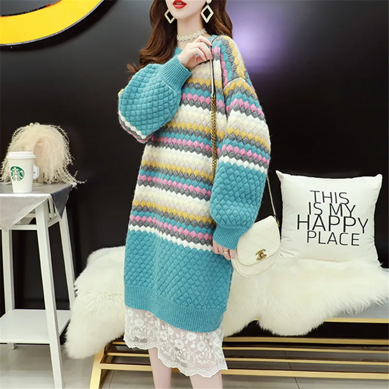 2024 Winter Thick Casual Loose Long Knitted Sweater Dress Women O-neck Lantern sleeve 3 Color Choose Striped Sweaters Female