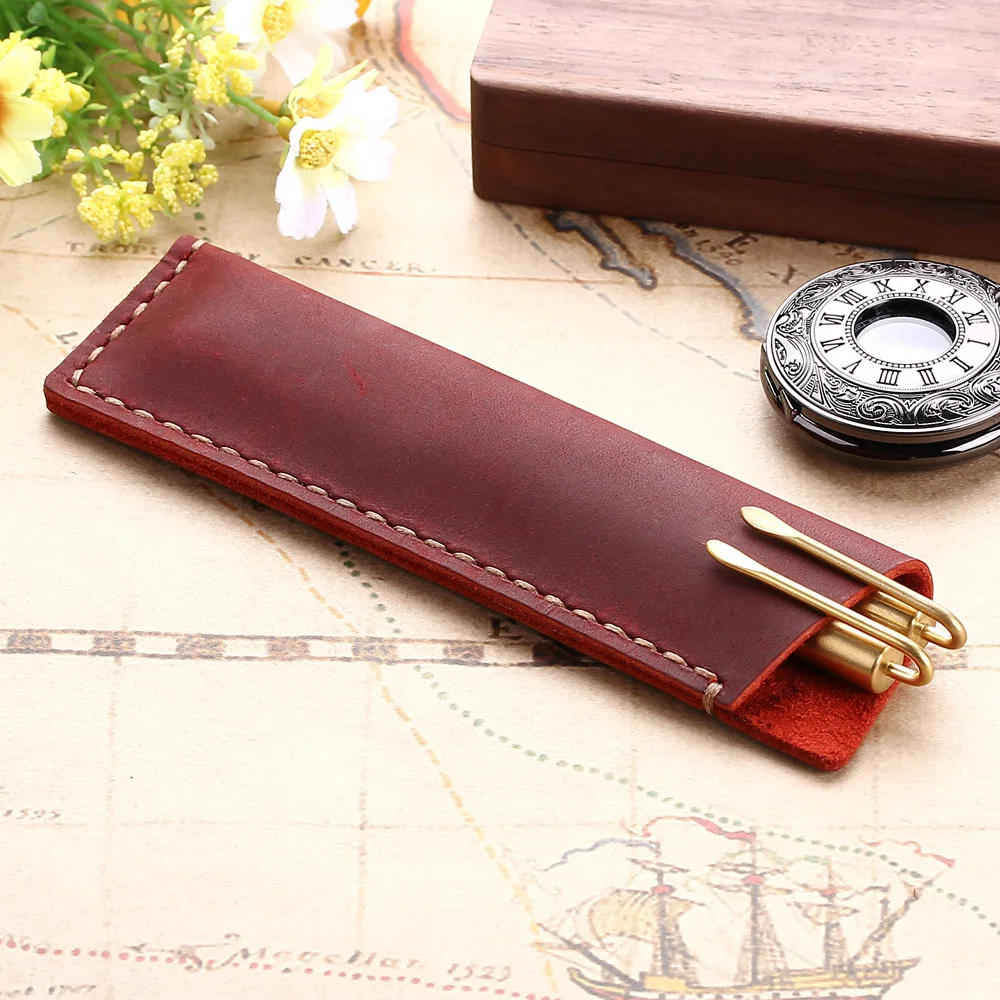 Handmade Genuine Leather Pen Bag Rustic  Holder Case Vintage Retro Style Accessories For Notebook