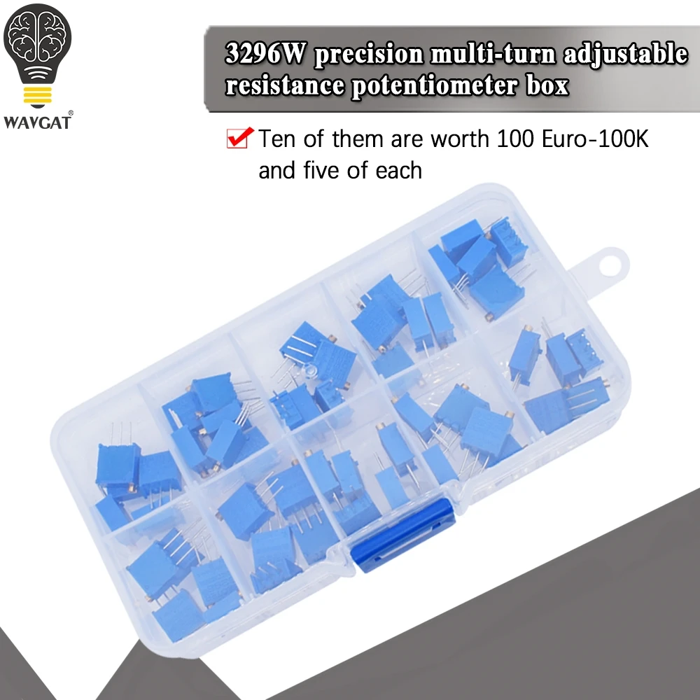 50 sztuk/partia 3296W zestaw potencjometrów z trymerem wielostronnym 3296 rezystor zmienny 500R 1K 2K 5K 10K 20K 500K 100K