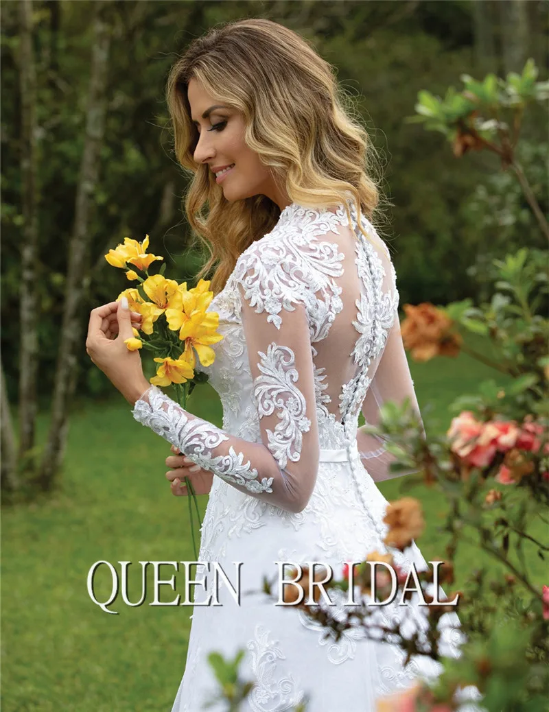 Customize 2021 New Design Wedding Dresses A-line Long Sleevee Tulle Appliques Lace Elegant Formal Wedding Gowns CO07