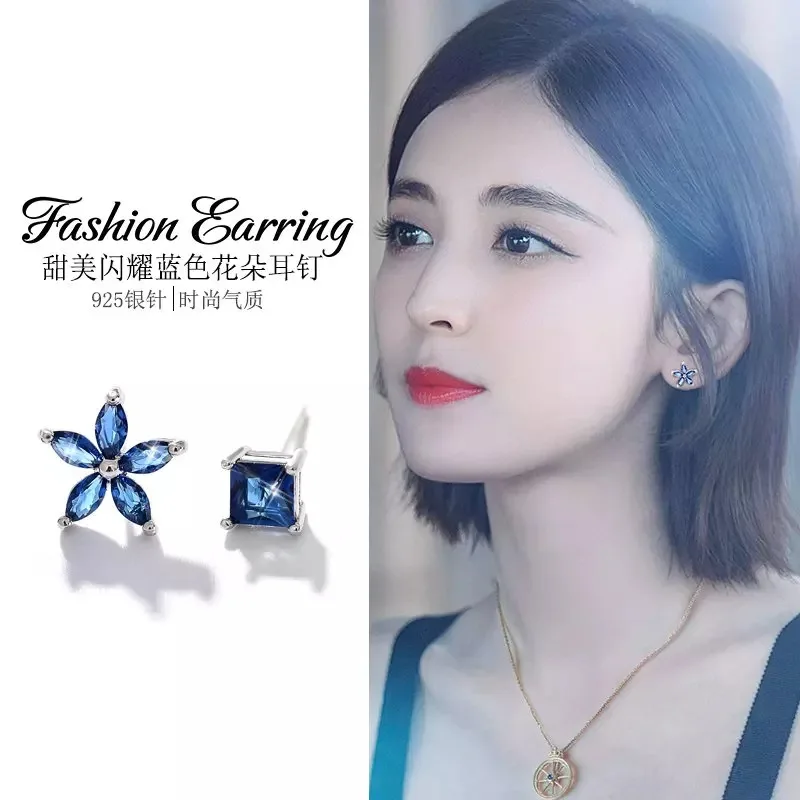 South Korea New S925 Needle Blue Crystal Flower Earrings Square Asymmetric Female Jewelry Wholesale