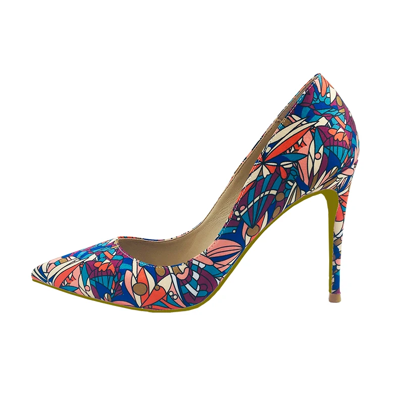 

Big Size 34-45 Colorful Print Fabric Pointy Toe Classical Design Shallow Women Pumps High Heels Shoes