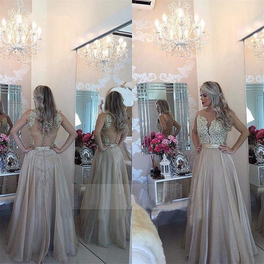 2021 New Chiffon Prom Beaded Lace Applique Sheer Back Sleeveless Formal Long O-Neck Floor Length Evening Dresses Plus Size