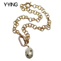 Y·YING natural Cultured White Keshi Pearl Green Cz Pave Gold color Plated Chain Necklace 18