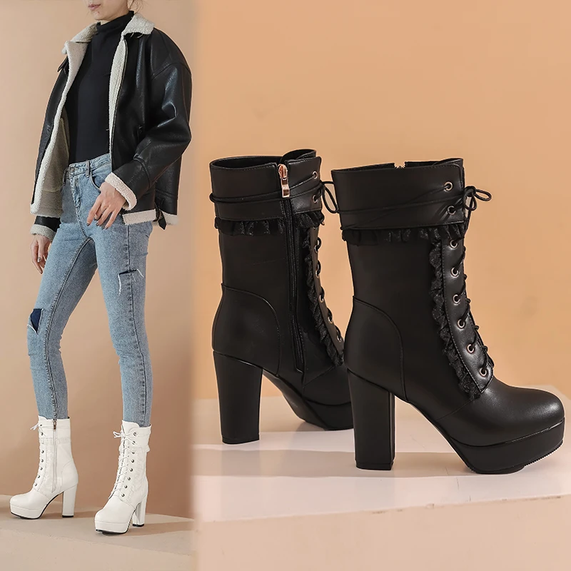 Autumn Winter New Trend Cross Strap 10CM High Heel Boots Fashion Lolita Large Size Women's Boots Lace Edge Dropshipping