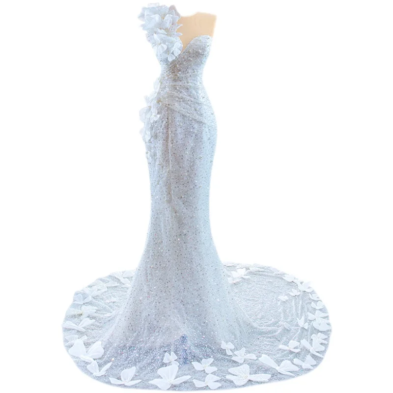 RSM Collection – robe de mariée asymétrique, asymétrique, épaule dénudée, motif de fleurs 3d, faite par le client, modèle 67424