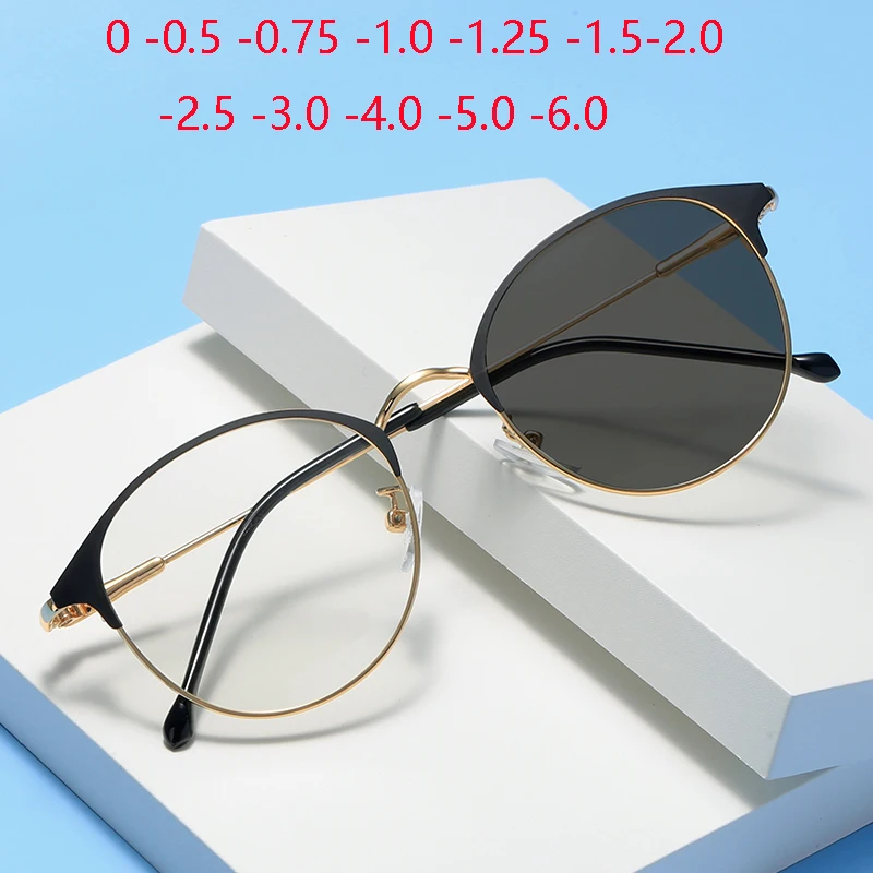 

Men Round Anti Blue Rays Nearsighted Glasses Women Metal Myopia Photochromic Prescription Eyeglasses 0 -0.5 -0.75 -1.0 To -6.0