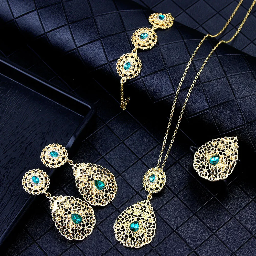 Sunspicems Elegant Morocco Algerian Earring Necklace Ring Bracelet Gold Color Arabic Women Wedding Jewelry Set Africa Bride Gift