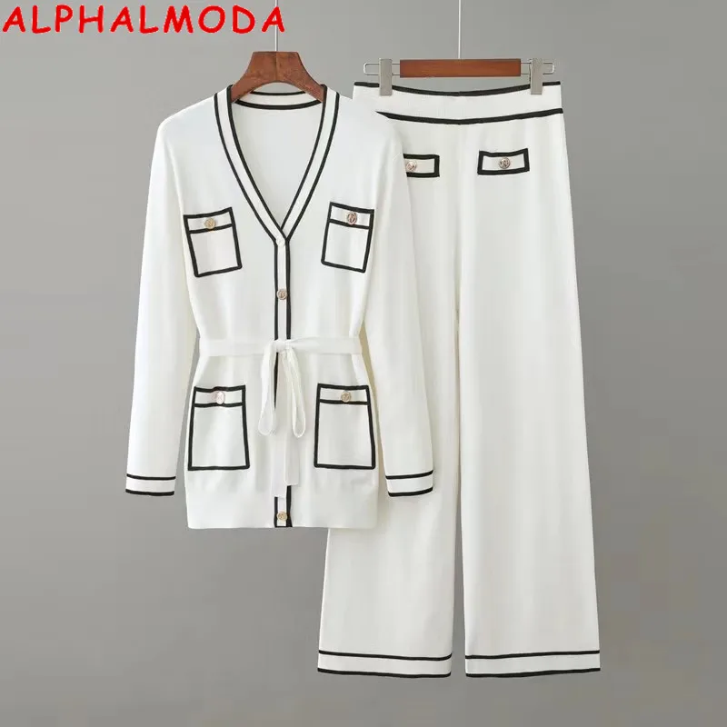 ALPHALMODA New Women Cardigan Coat + Straight Pants 2pcs Fashion Suit Autumn Winter New Style Long Cardigan Outfit + Trousers