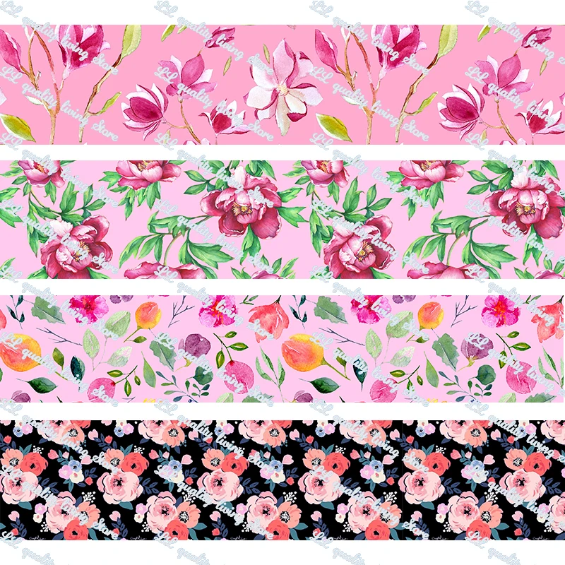 

Custom Pink Flower print elastic ribbon flowers printed grosgrain ribbons hairbow fabric DIY Valentine decoration band 50 yards